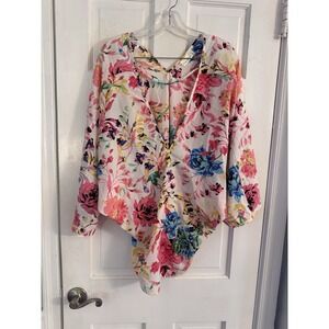 Kaya di Koko Blouse Cover Up Vibrant Floral Hawaii Sz M Kimono Top White‎ Lotus